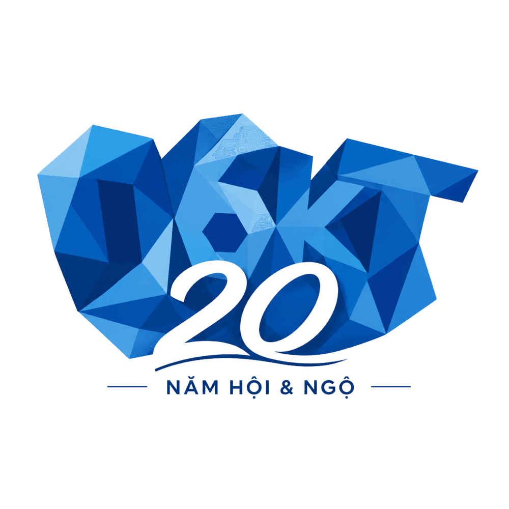 Logo 06KT – 20 Năm Hội & Ngộ — chữ 06KT ghép từ các khối polygon xanh, số 20 viết tay phía trước